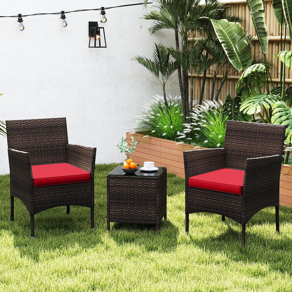 HAPPYGRILL 3PCS Patio Furniture Set Wicker Bistro Set with Glass Coffee Table & Cushions Outdoor Rattan Conversation Set for Garden Lawn Poolside Backyard