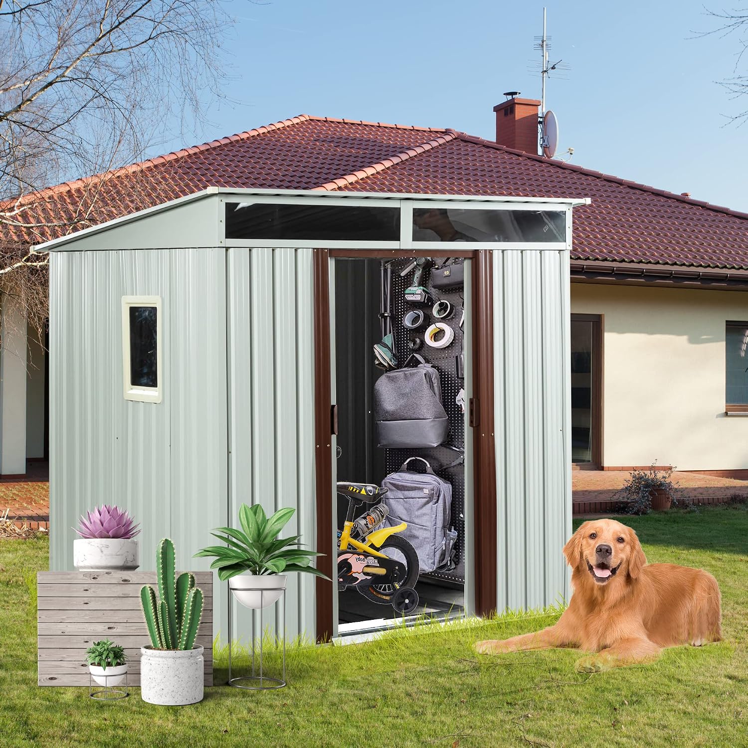 JT 6X4.5FT Outdoor Storage Shed, Galvanized Metal Garden Shed with Window and Metal Foundation, Tool Storage Shed for Patio Lawn Backyard (White-with The window-6ftx4.5ft)