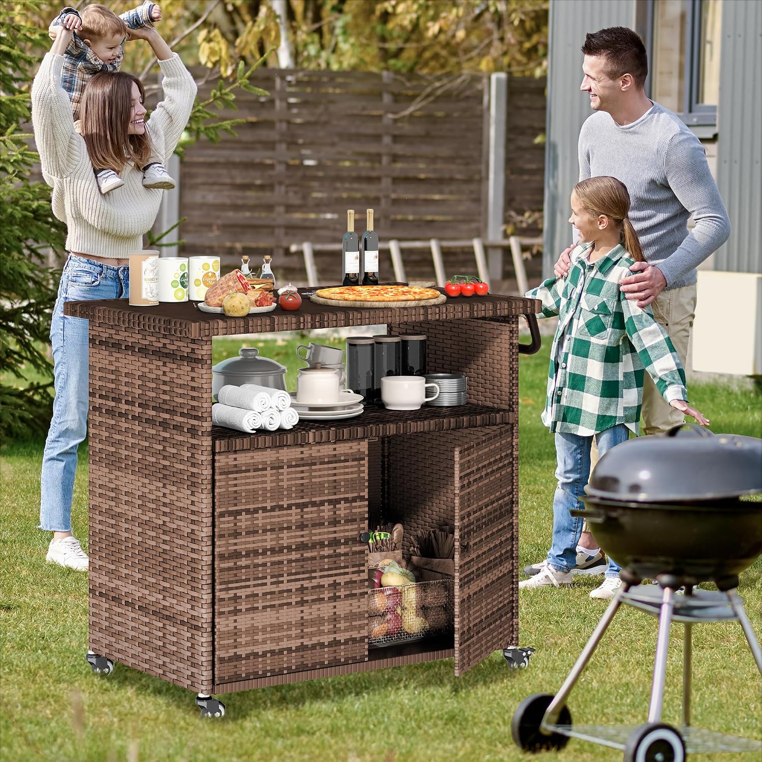 Wicker Outdoor Storage Cabinet with Wheels, Patio Grill Tables for Outside, Outdoor Storage Cabinet for Garden Buffets, Parties, Poolside Gatherings in Brown