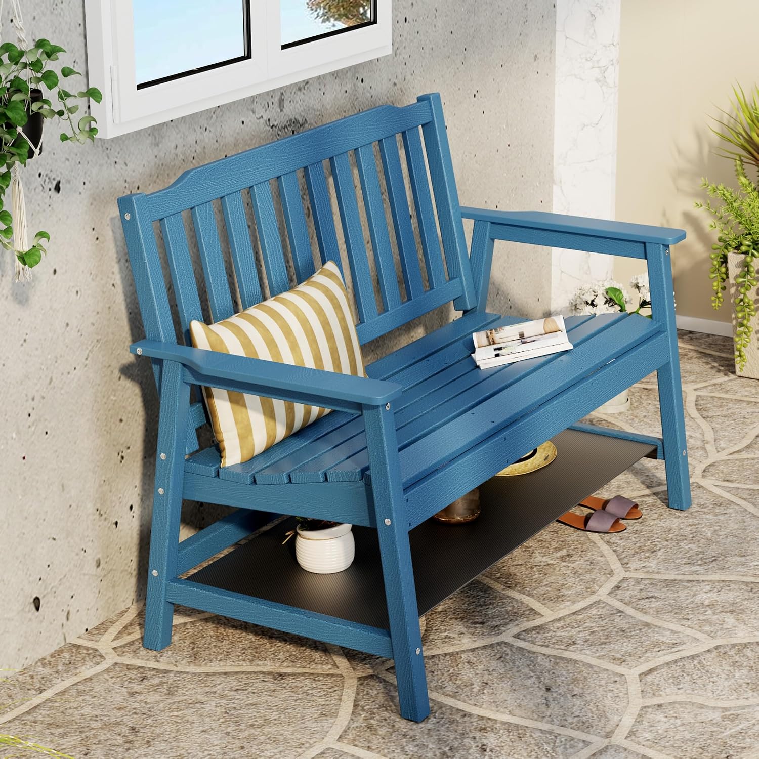 Anbuy Outdoor Bench Weatherproof, 2-Person Adjustable Height Patio Bench with 660lbs Weight Capacity, Garden Potting Bench Never Rot and Fade, Comfort for Porch, Patio, Backyard and Park (Blue)