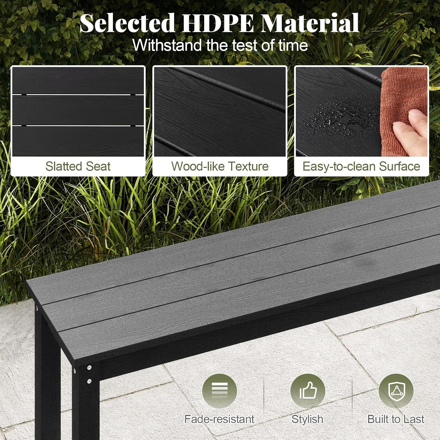 Tangkula HDPE Outdoor Bench, 2-3 Person Patio Bench, 55' Backless Garden Dining Bench with Slatted Seat, Weatherproof Park Bench for Entryway, Porch, Lawn & Backyard (Black,2)