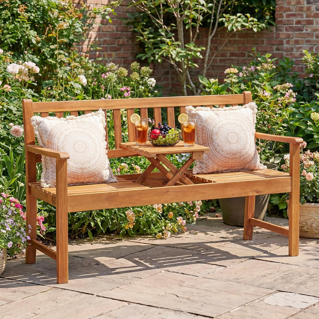 Devoko Outdoor Bench, 2-Person Garden Bench, Patio Wood Bench Outdoor Loveseat with Pull-Out Center Table for Backyard, Balcony and Patio and Garden (Log Color)