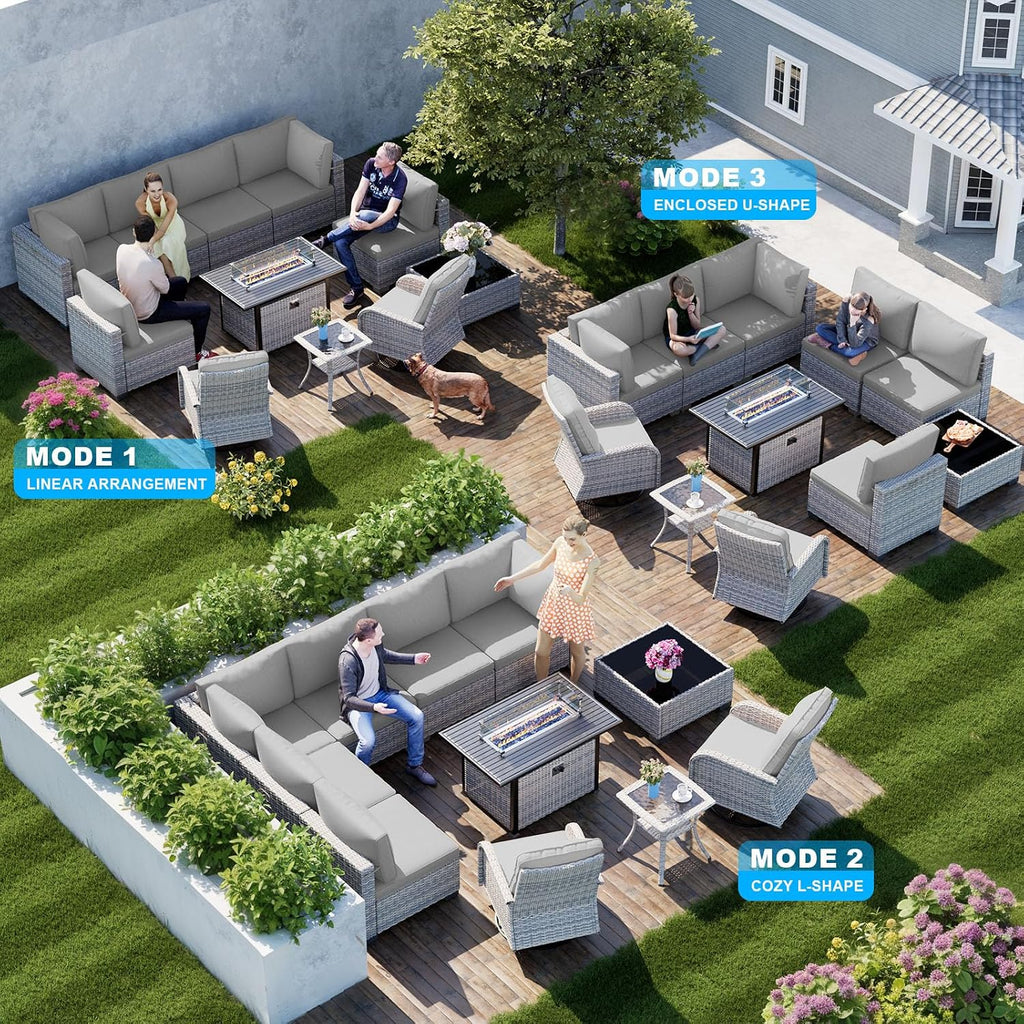 11-Piece Patio Furniture Set, Outdoor Patio Furniture with 55,000 BTU Fire Pit Table, Swivel Chairs Set, Thick Cushions, Modular Patio Sofa, Dual-Strand Wicker Rattan, Rust-Resistant Frame, Grey