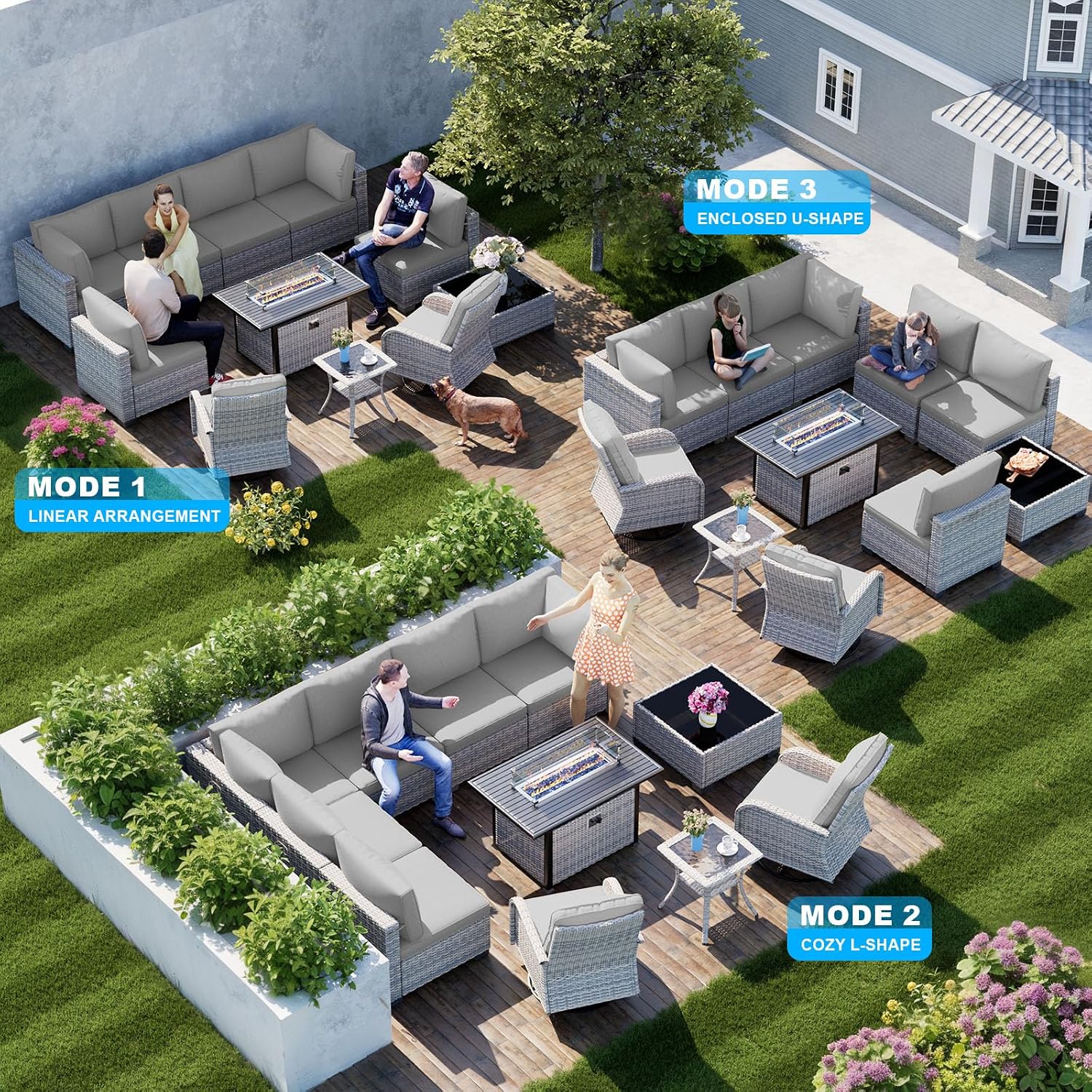 11-Piece Patio Furniture Set, Outdoor Patio Furniture with 55,000 BTU Fire Pit Table, Swivel Chairs Set, Thick Cushions, Modular Patio Sofa, Dual-Strand Wicker Rattan, Rust-Resistant Frame, Grey