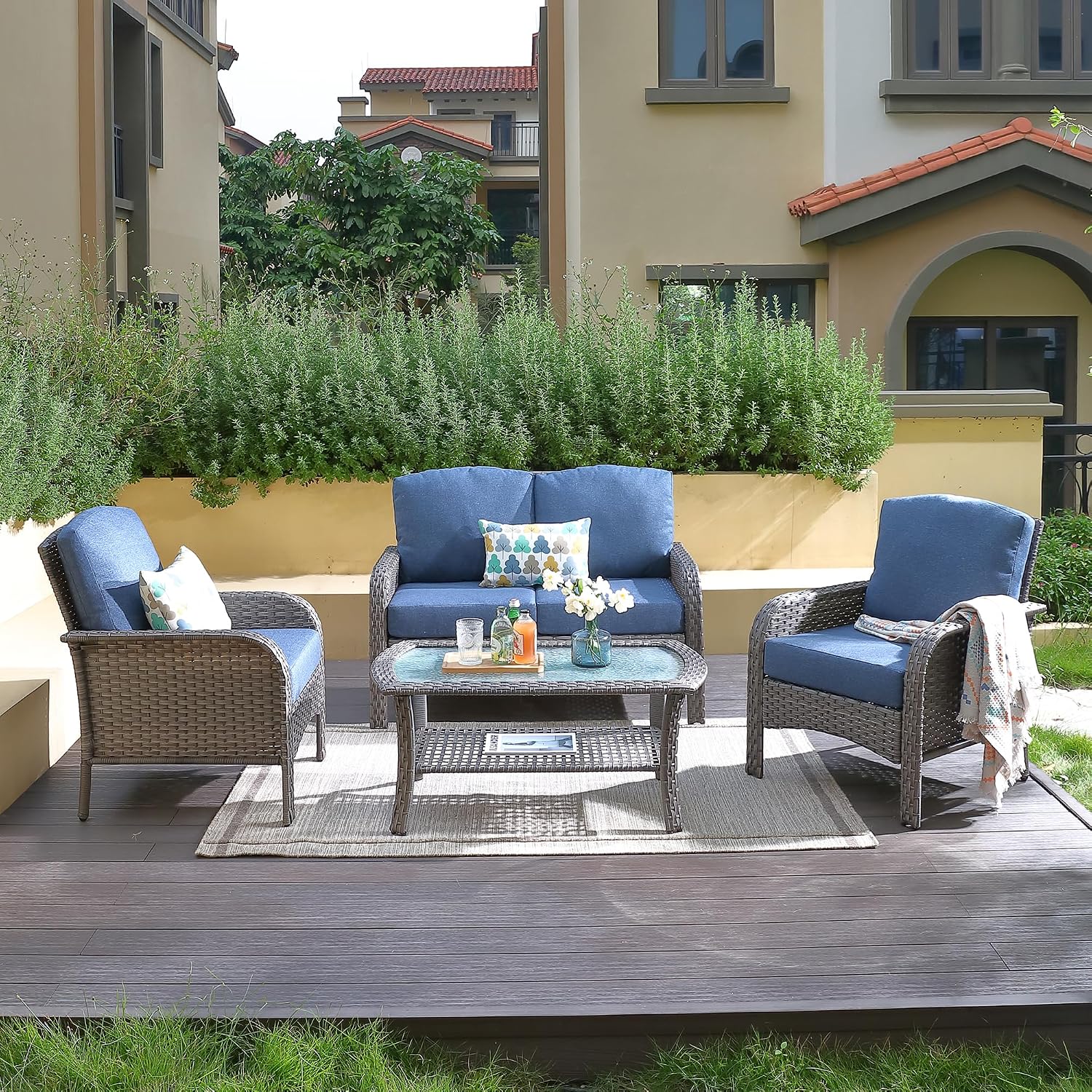 CAODOC 4-Piece Wicker Patio Furniture Set, All-Weather Rattan Conversation Bistro Loveseat Chair and Table Set for Backyard, Balcony and Deck with Soft Cushions and Metal Table(Blue)