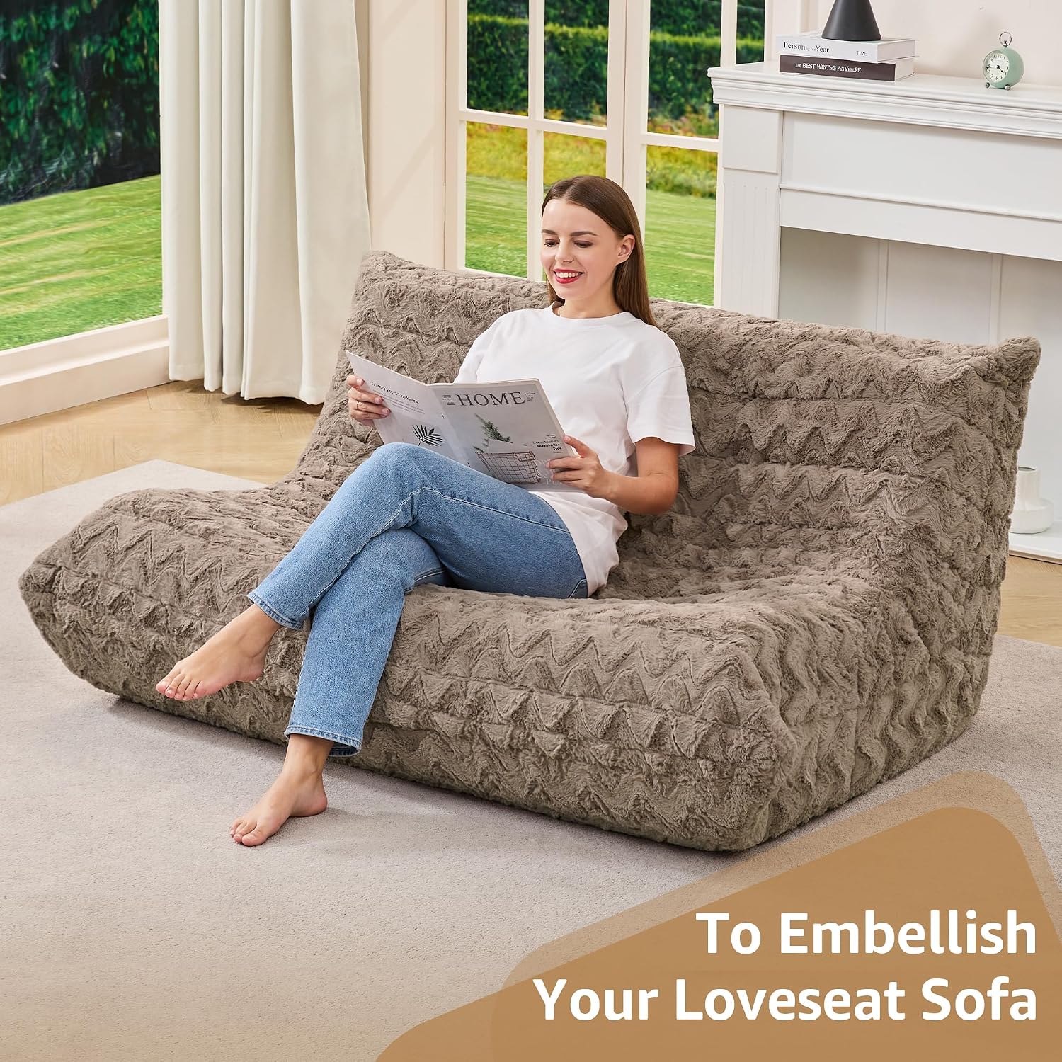Bean Bag Chairs for Adults Giant Bean Bag Chair Memory Foam BeanBag Chair Bean Bag Sofa with Filler Faux Fur Fireside Beanbags Lazy Sofa for Living Room Bedroom Office (Brown Chevron, Loveseat)