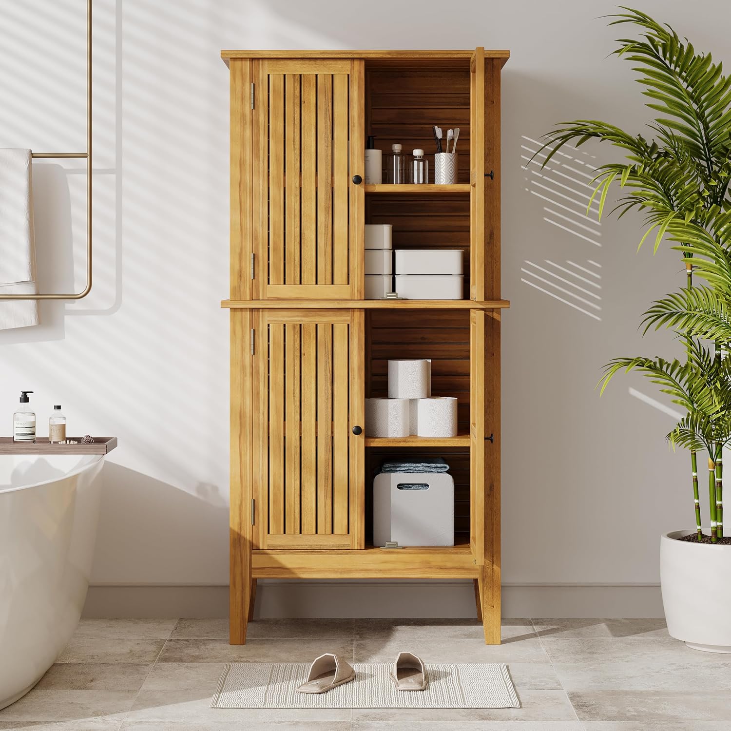 Christopher Knight Home Dessa Outdoor Cabinet, Acacia Wood Storage Cabinet, Garden Stool Shed with 4 Shelves, Tools Organizer with 2 Doors for Backyard Garden Balcony, 61.80' Tall Storage Shed, Teak