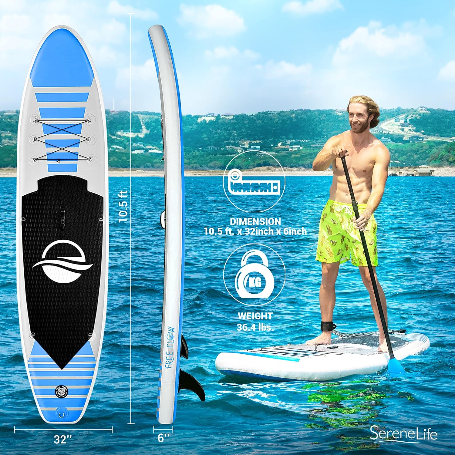 SereneLife 10' Inflatable Stand Up Paddle Board 2-Pack with Premium SUP Accessories – 32' Wide Stable Design with Non-Slip EVA Deck Pad for Youth and Adults, 350 lbs. Capacity Each