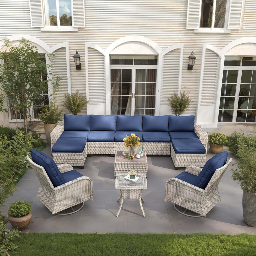 11-Piece Outdoor Patio Furniture Set with Rocking Swivel Chair Wicker Sectional Sofa Set, Patio Conversation Set with Ottomans & Coffee Table for Garden, Backyard, Poolside, Navy Blue