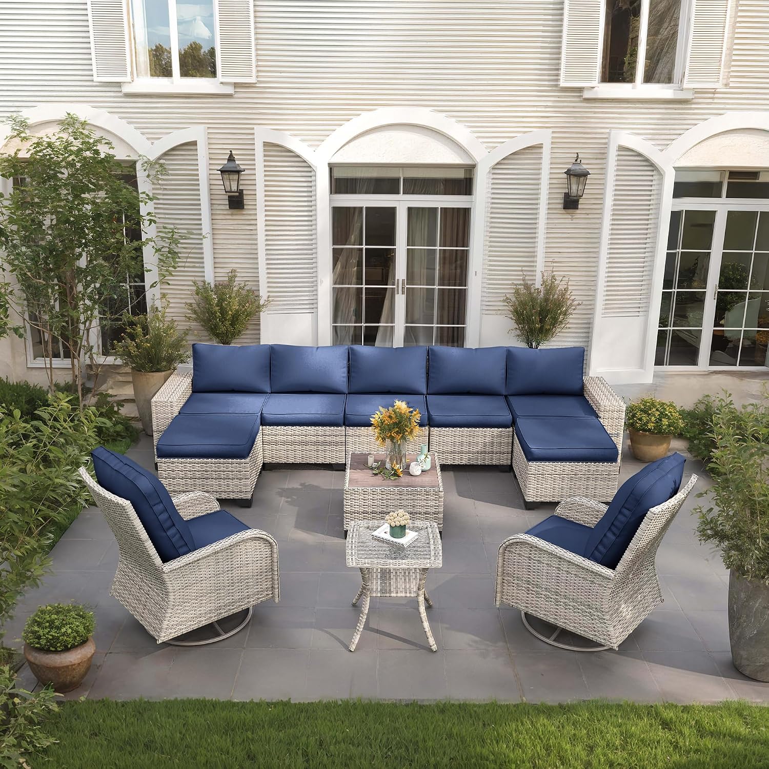 11-Piece Outdoor Patio Furniture Set with Rocking Swivel Chair Wicker Sectional Sofa Set, Patio Conversation Set with Ottomans & Coffee Table for Garden, Backyard, Poolside, Navy Blue