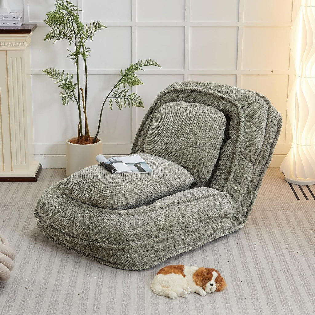 Floor Chair with Back Support, Folding Sofa Chair with 5 Adjustable Position, Plush Floor Gaming Chair, Meditation Chair for Lazy Boys, Human Dog Bed for Living Room, Bedroom, Lounge, Green