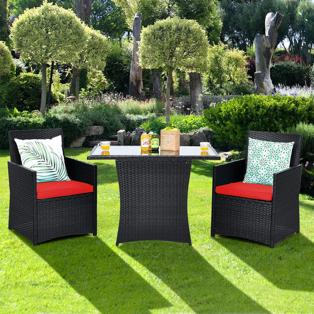 HAPPYGRILL 3 Piece Patio Furniture Set, Outdoor PE Rattan Wicker Bistro Set with Washable Cushions & Tempered Glass Table, for Backyard Porch Garden Balcony Poolside