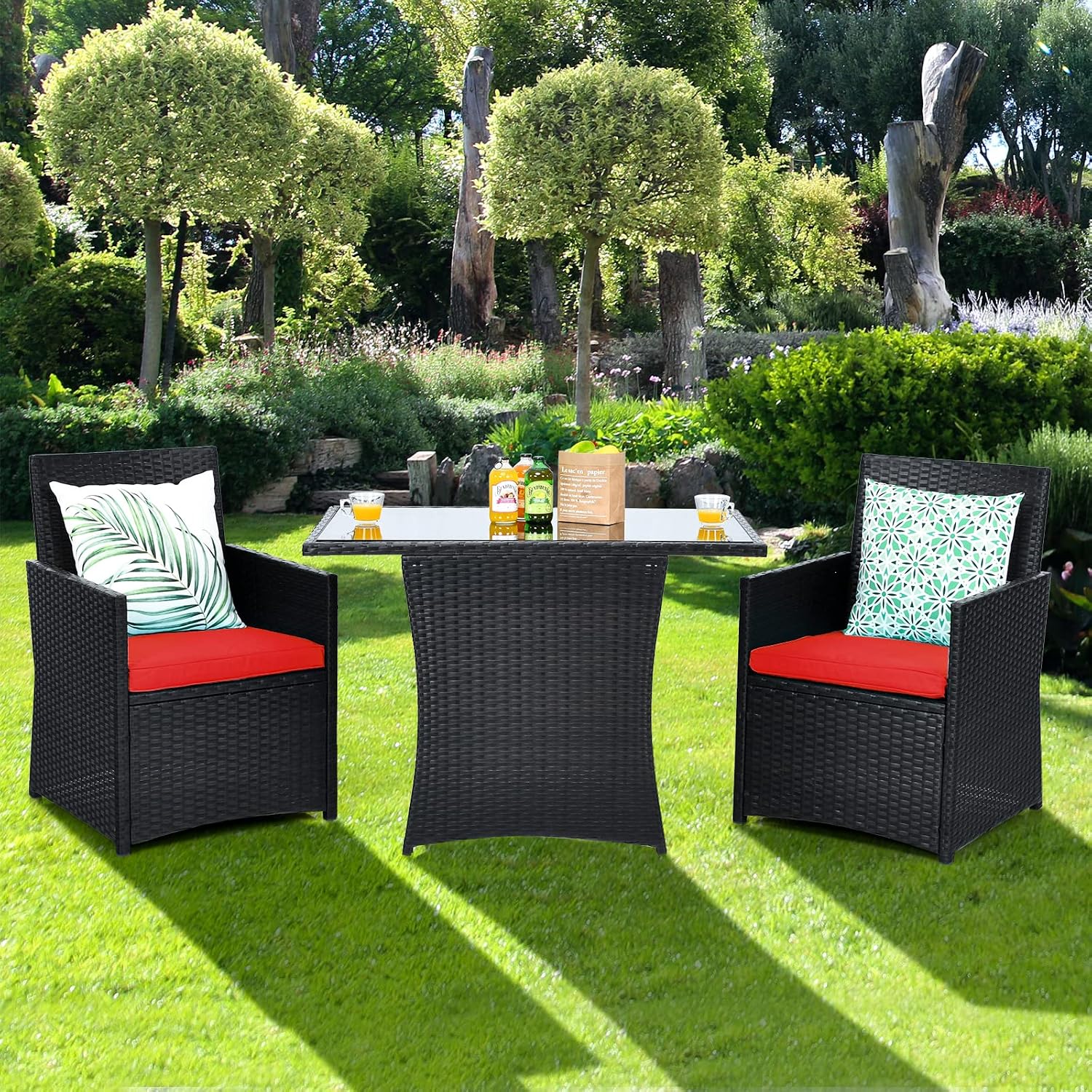 HAPPYGRILL 3 Piece Patio Furniture Set, Outdoor PE Rattan Wicker Bistro Set with Washable Cushions & Tempered Glass Table, for Backyard Porch Garden Balcony Poolside