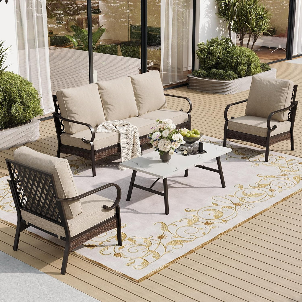 SUNSHINE VALLEY 4 Piece Metal Outdoor Patio Furniture Set, Patio Conversation Sets 1 3-Seater Sofa, 2 Chairs with 5.75' Extra Thick Cushion and Coffee Table, Black Frame Backyard Furniture, Beige