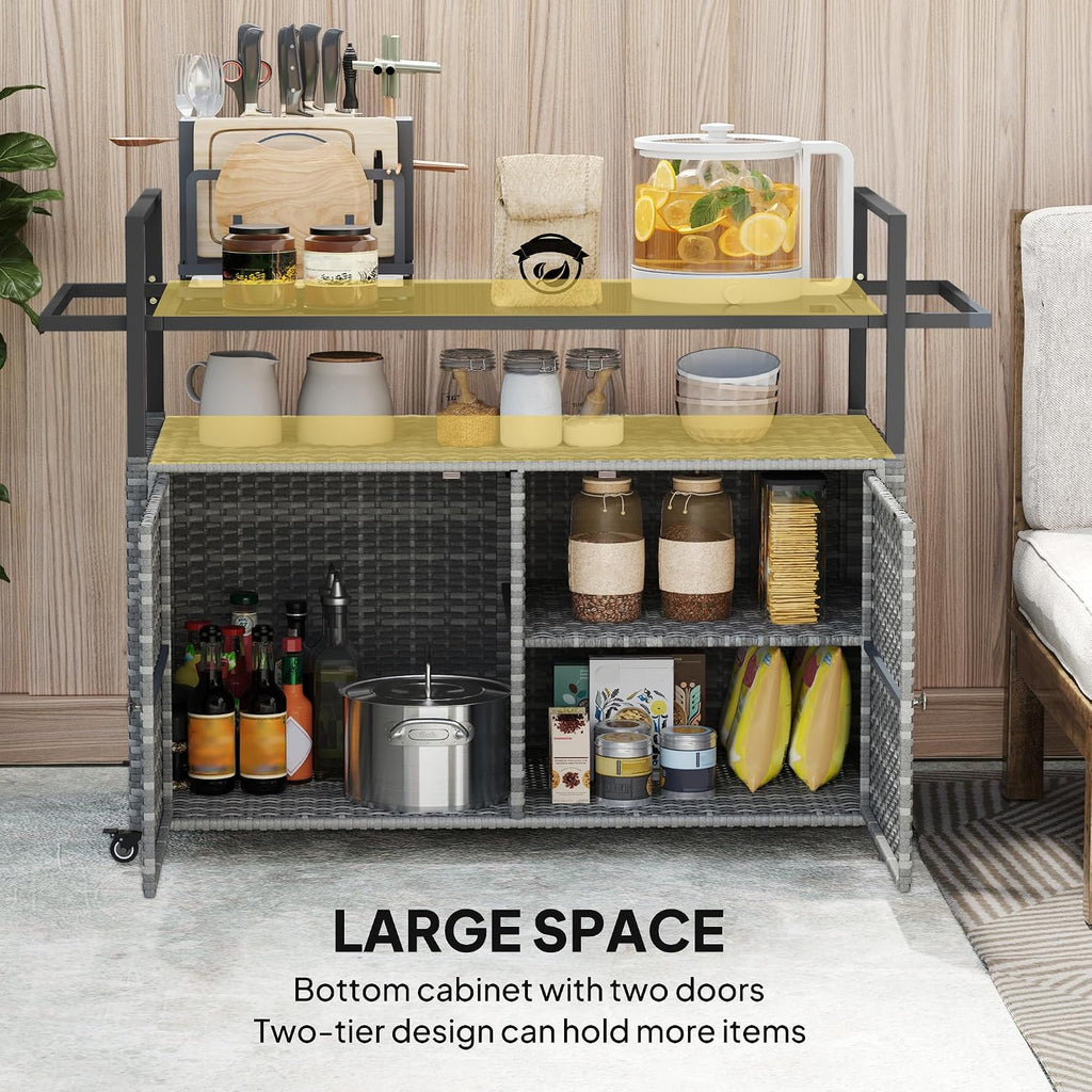 Outsunny PE Rattan Outdoor Storage Cabinet, Wicker Outdoor Bar Table Kitchen Island with Wheels & 2-Tier Shelf, Patio Serving Cart with Glass Top, Handles, Towel Racks for Poolside, Mixed Gray