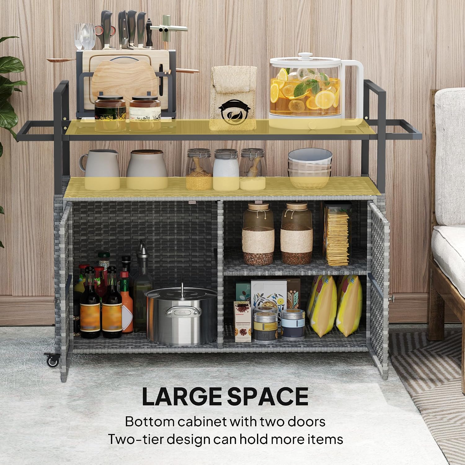 Outsunny PE Rattan Outdoor Storage Cabinet, Wicker Outdoor Bar Table Kitchen Island with Wheels & 2-Tier Shelf, Patio Serving Cart with Glass Top, Handles, Towel Racks for Poolside, Mixed Gray