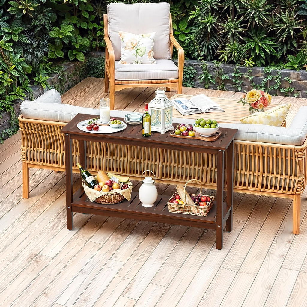 SUPER DEAL All-Weather Patio Bar Table Entry Console Table, 2-Shelf 48 inch Solid Wood Indoor Outdoor Multifunctional Buffet Storage Organizer with Adjustable Feet, Espresso