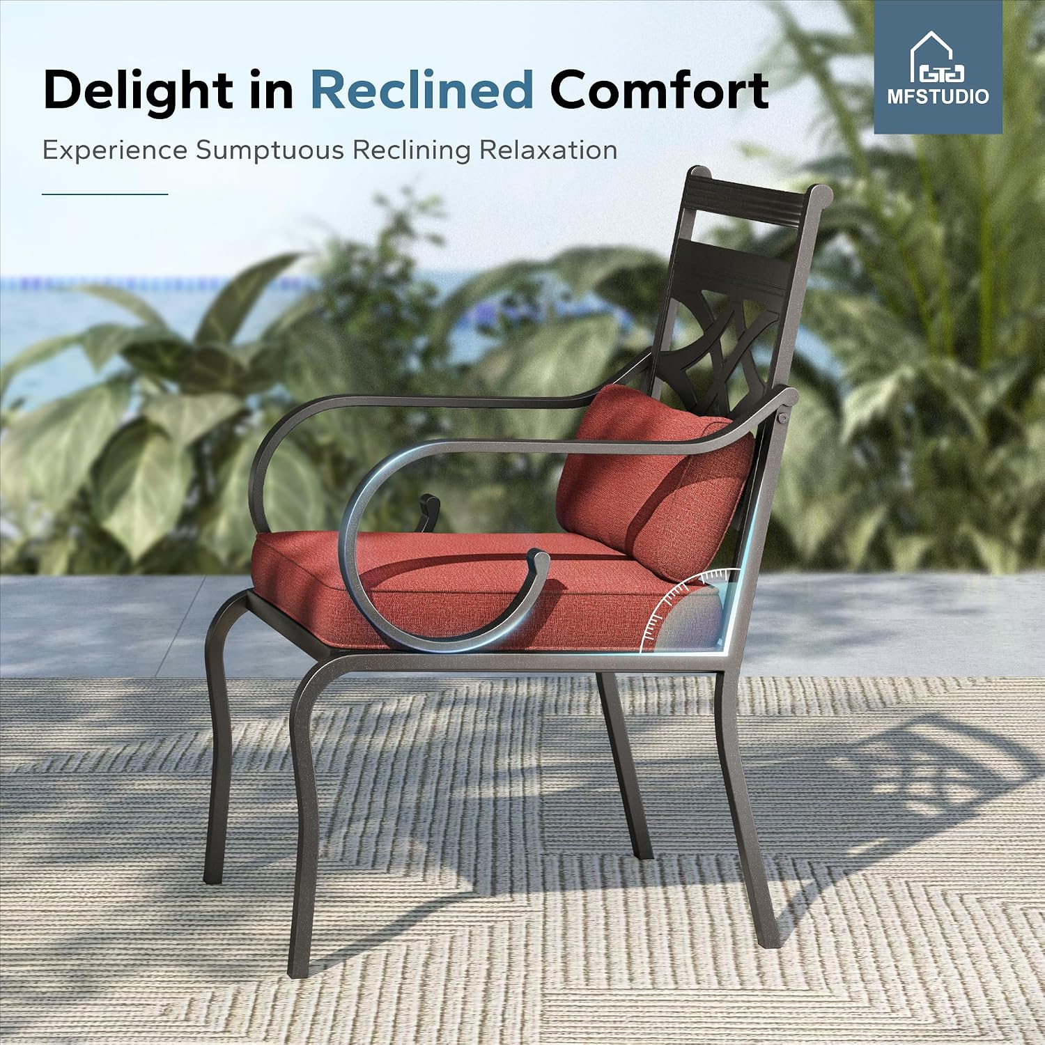 MFSTUDIO Patio Dining Sets for 4, Round Patio Table and Chairs Set with Umbrella Hole, 5 Piece Patio Furniture Set Outdoor Dining Set for Deck,(Red)