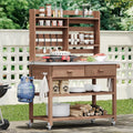 Merax 64.9' H Outdoor Potting Bench Table with Lockable Wheels, Solid Wood Outdoor Kitchen Island with Upper Hutch, Stainless Steel Top, Towel Rack, Outdoor Storage for Grilling, Lawn Garden, Brown