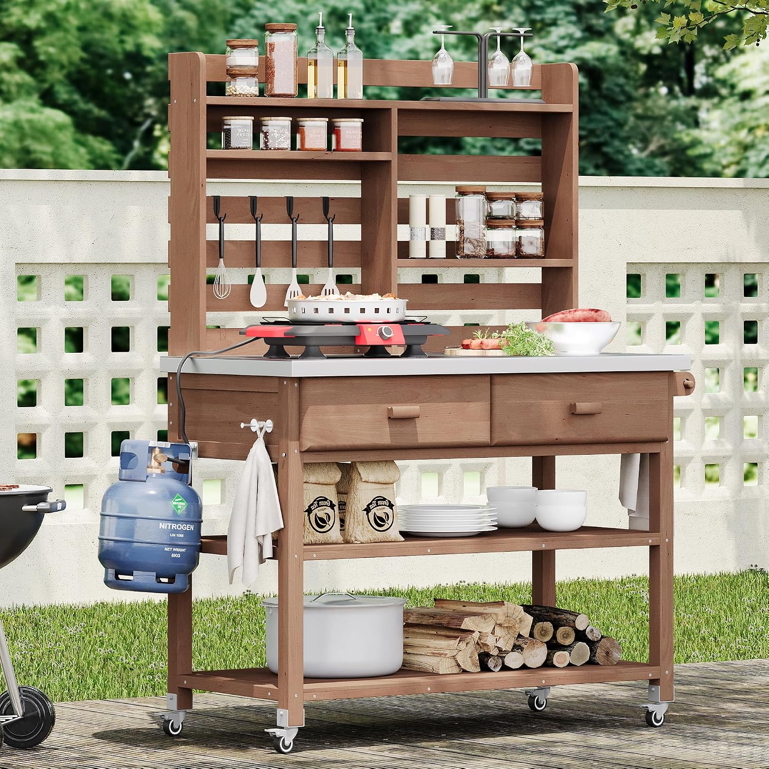 Merax 64.9' H Outdoor Potting Bench Table with Lockable Wheels, Solid Wood Outdoor Kitchen Island with Upper Hutch, Stainless Steel Top, Towel Rack, Outdoor Storage for Grilling, Lawn Garden, Brown