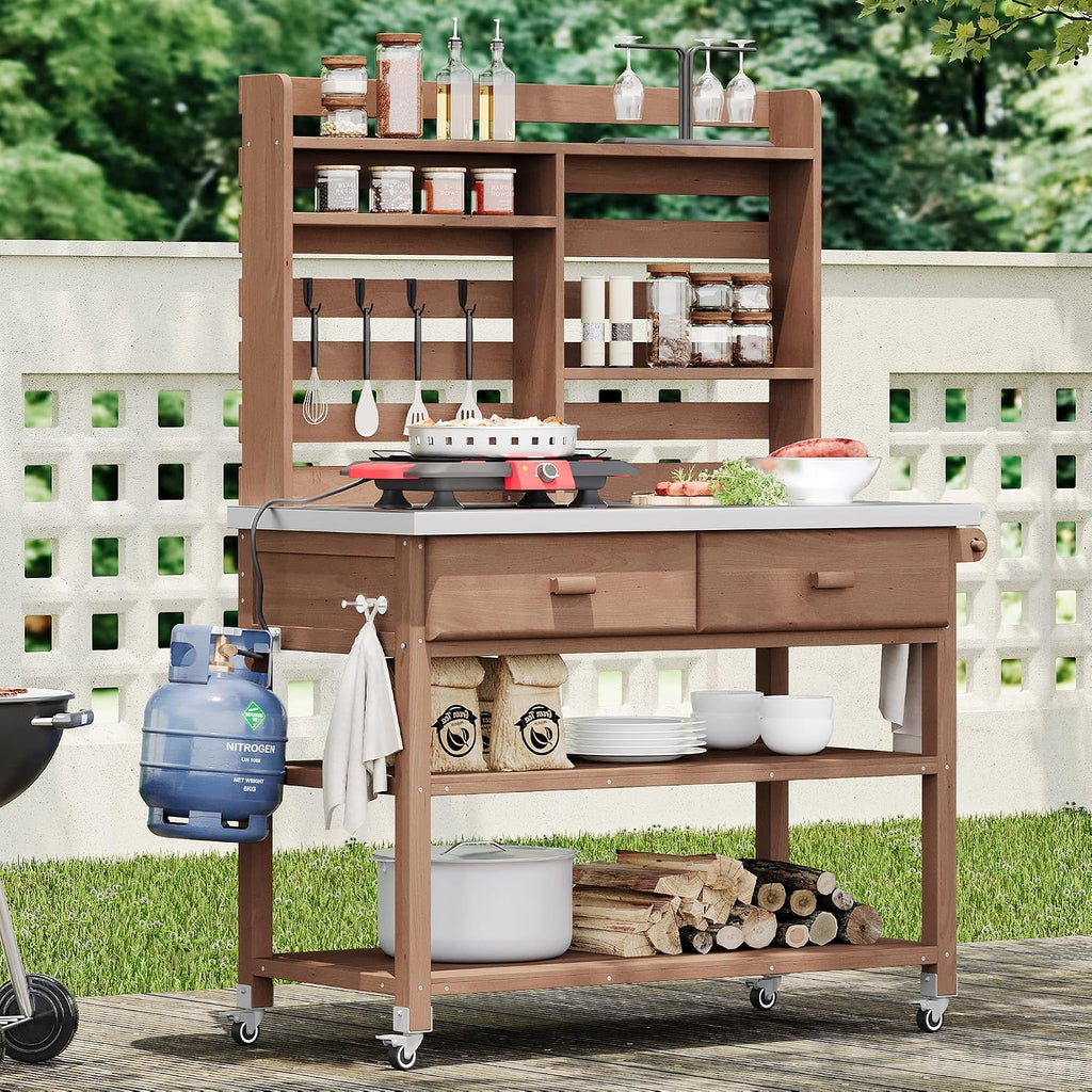 64.9' H Outdoor Potting Bench Table with Lockable Wheels, Solid Wood Outdoor Kitchen Island with Upper Hutch, Stainless Steel Top,Outdoor Storage for Grilling, Lawn Garden (Brown/F, 64.9')