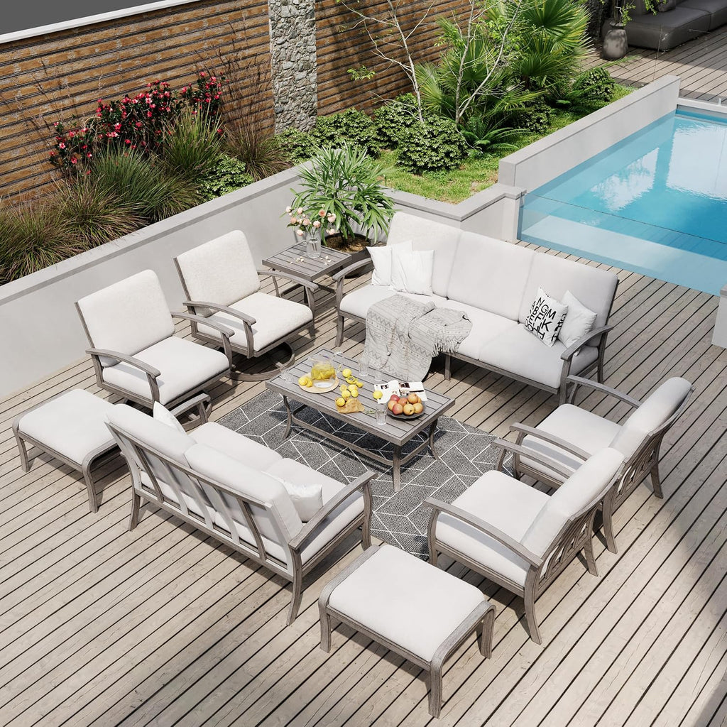 HAPPATIO 10 Piece Aluminum Patio Furniture Set, 3-Seat Outdoor Couch and Loveseat, All-Weather Outdoor Sectional Sofa with Swivel Armchairs and Ottomans, Garden Conversation Set(Gray)