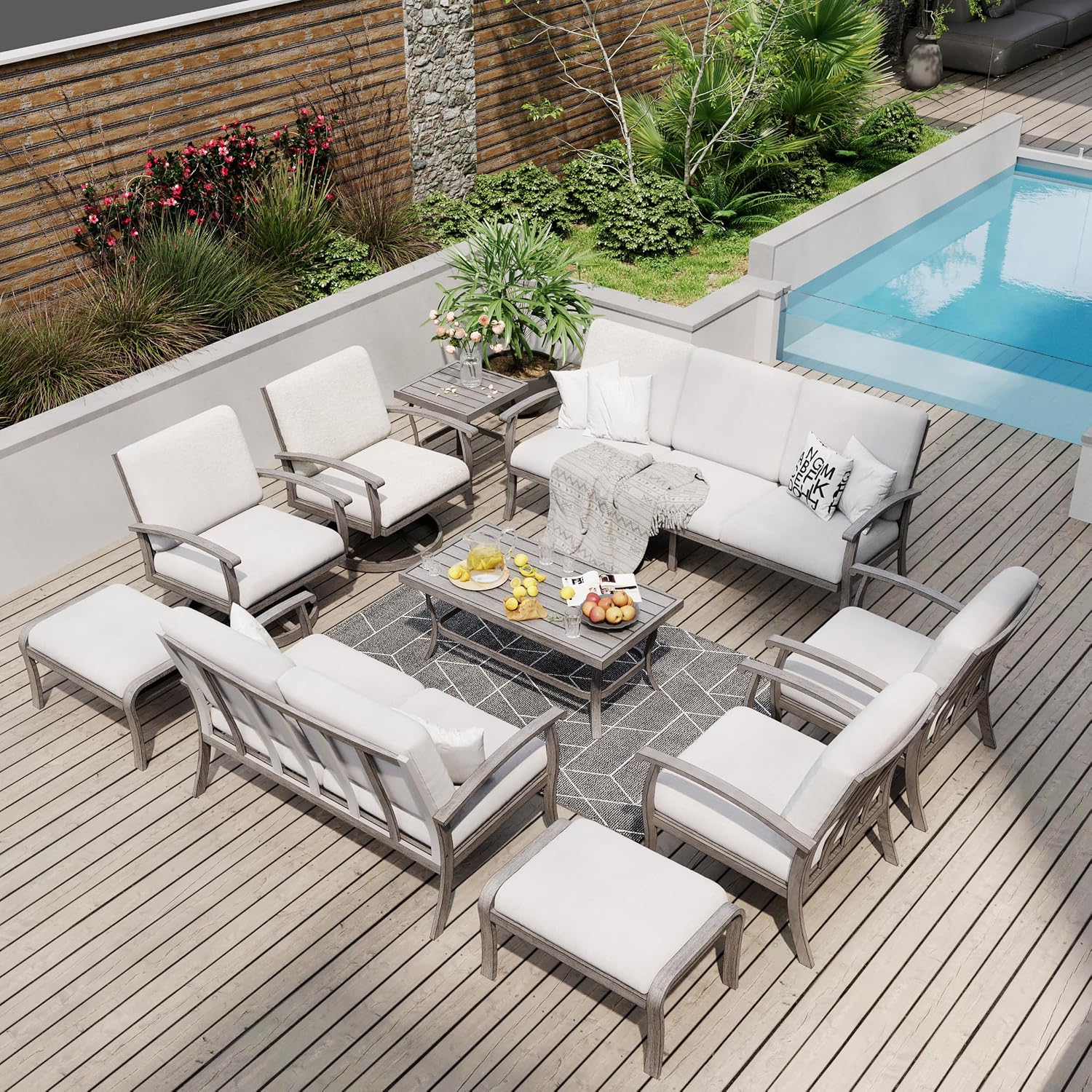 HAPPATIO 10 Piece Aluminum Patio Furniture Set, 3-Seat Outdoor Couch and Loveseat, All-Weather Outdoor Sectional Sofa with Swivel Armchairs and Ottomans, Garden Conversation Set(Gray)