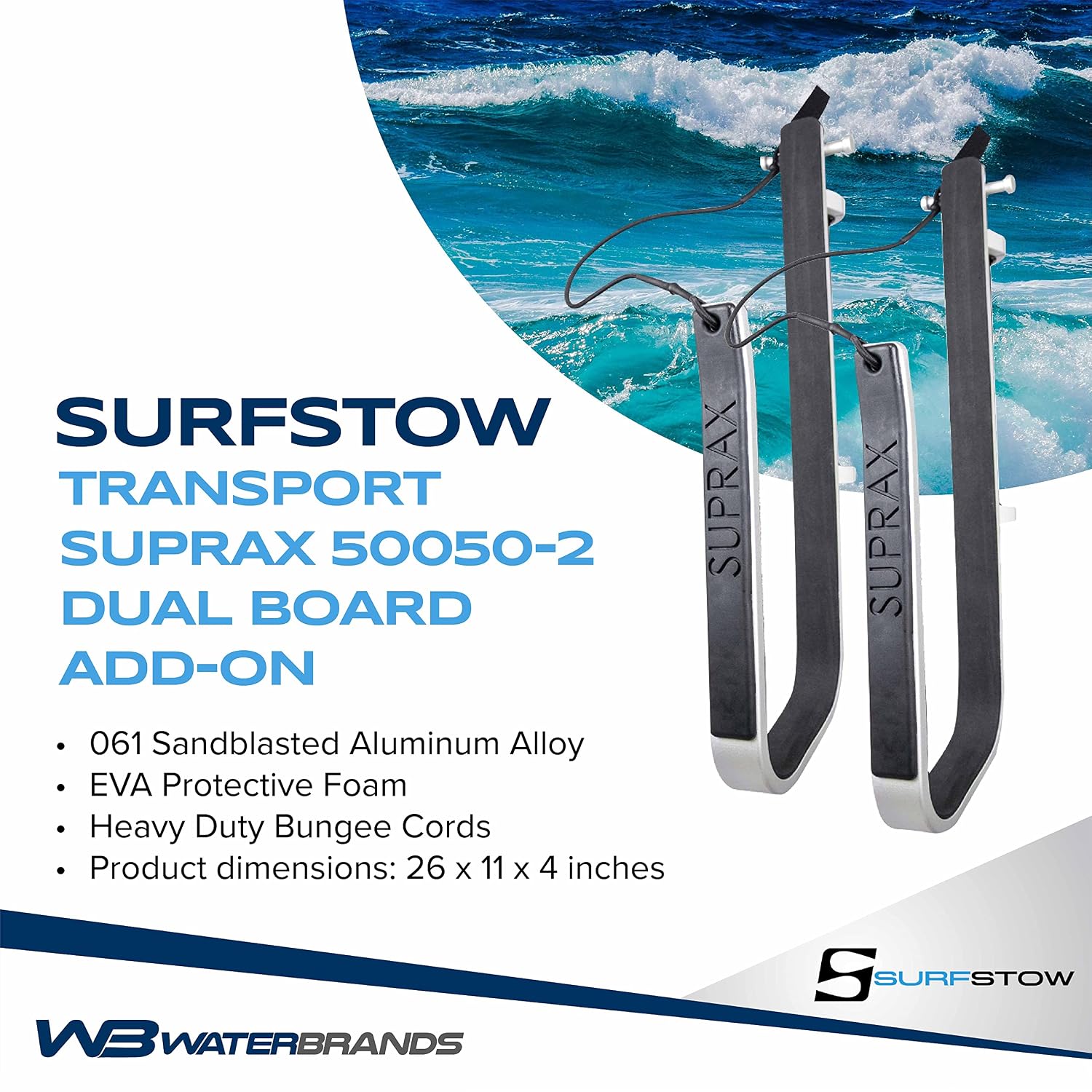 SurfStow Transport SUPRax 50050-2 Boat Mount/Rail Mount Single Board System | for Angled Stanchions | Stand-Up Paddle Board Rack | SUP Board Storage | | Metallic | 26 x 11 x 4 in