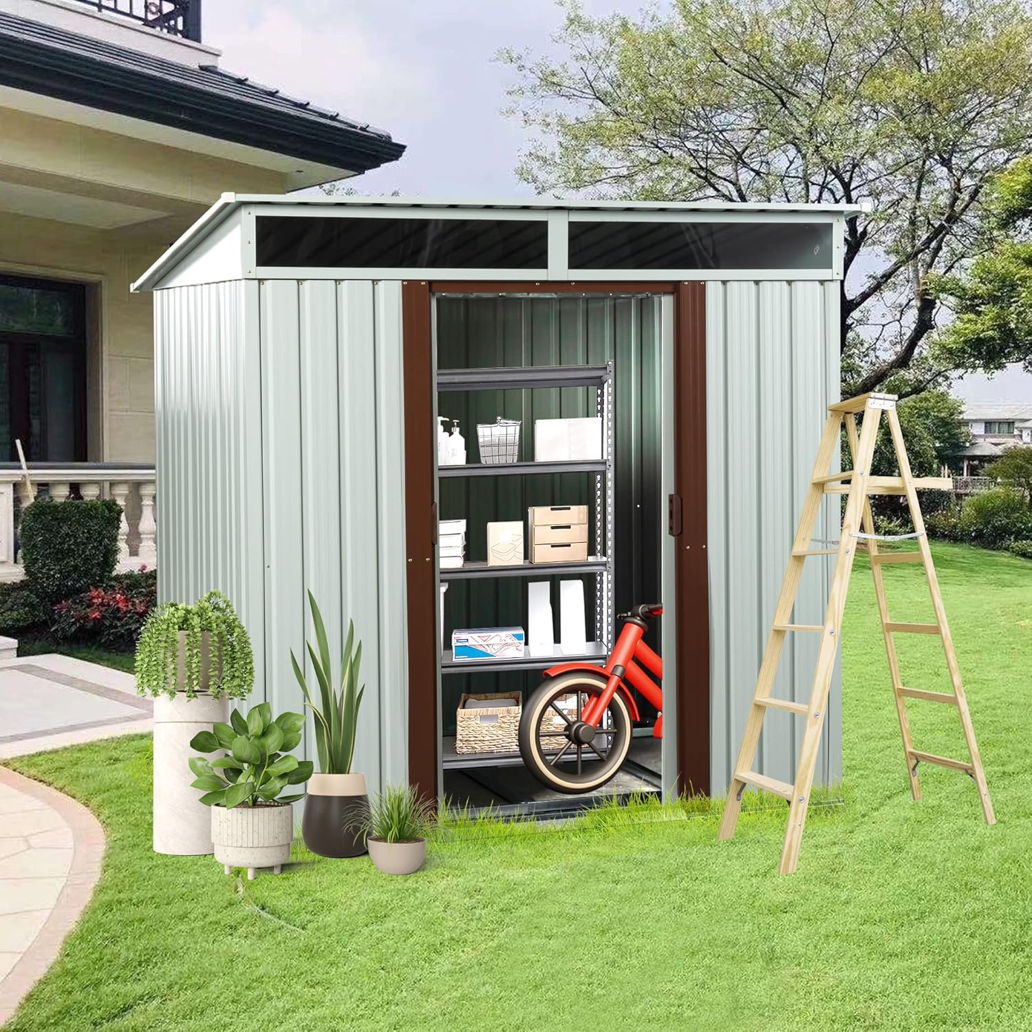 JT 6X4.5FT Outdoor Storage Shed with Metal Foundation and Sliding Doors, Waterproof Tool Storage Shed for Patio Lawn Backyard (White-6ft x 4.5ft)