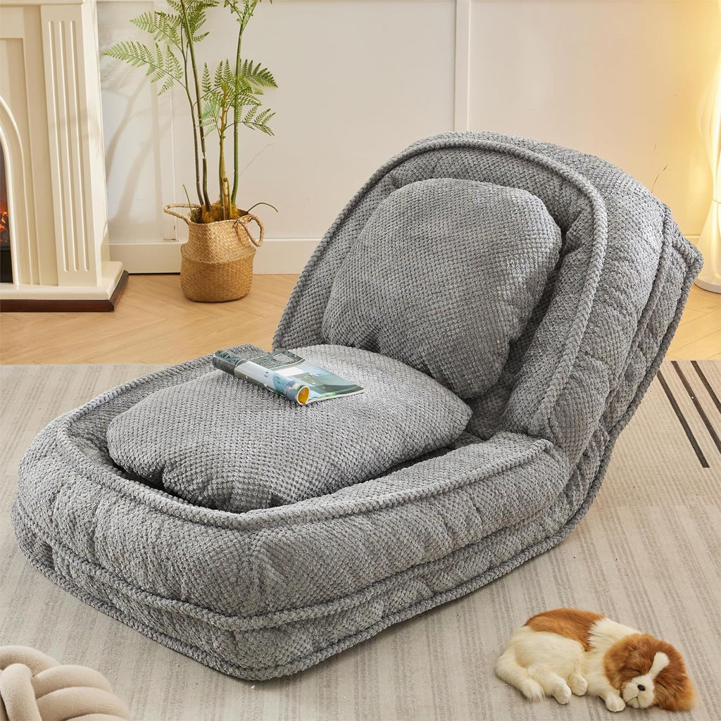 Floor Chair with Back Support, Folding Sofa Chair with 5 Adjustable Position, Plush Floor Gaming Chair, Meditation Chair for Lazy Boys, Human Dog Bed for Living Room, Lounge, Bedroom, Grey