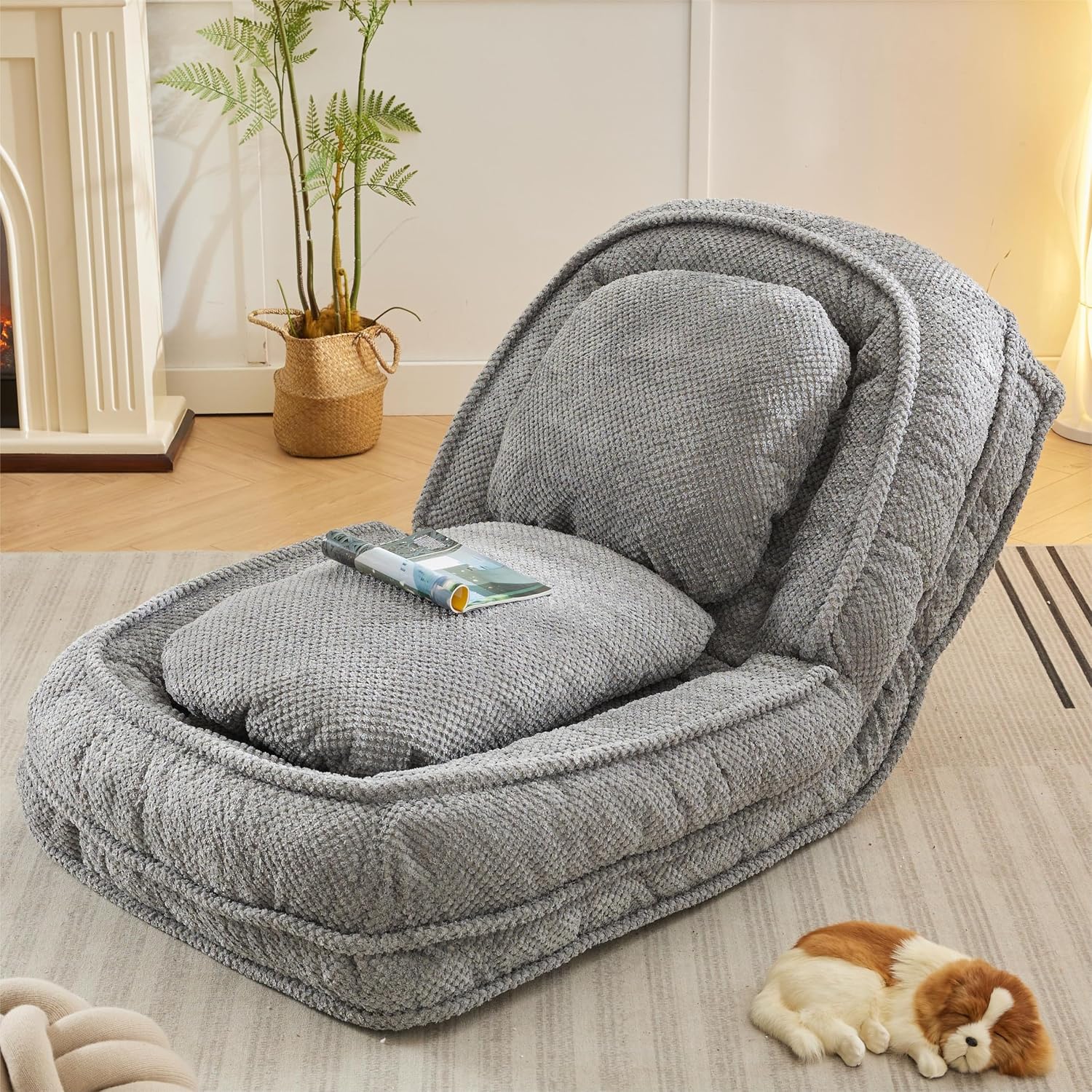 Floor Chair with Back Support, Folding Sofa Chair with 5 Adjustable Position, Plush Floor Gaming Chair, Meditation Chair for Lazy Boys, Human Dog Bed for Living Room, Lounge, Bedroom, Grey