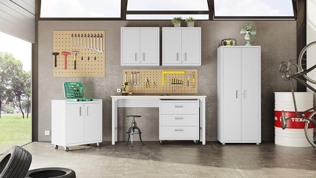Manhattan Comfort Fortress 30' Floating Textured Metal Garage Cabinet with Adjustable Shelves, Set of 1, White