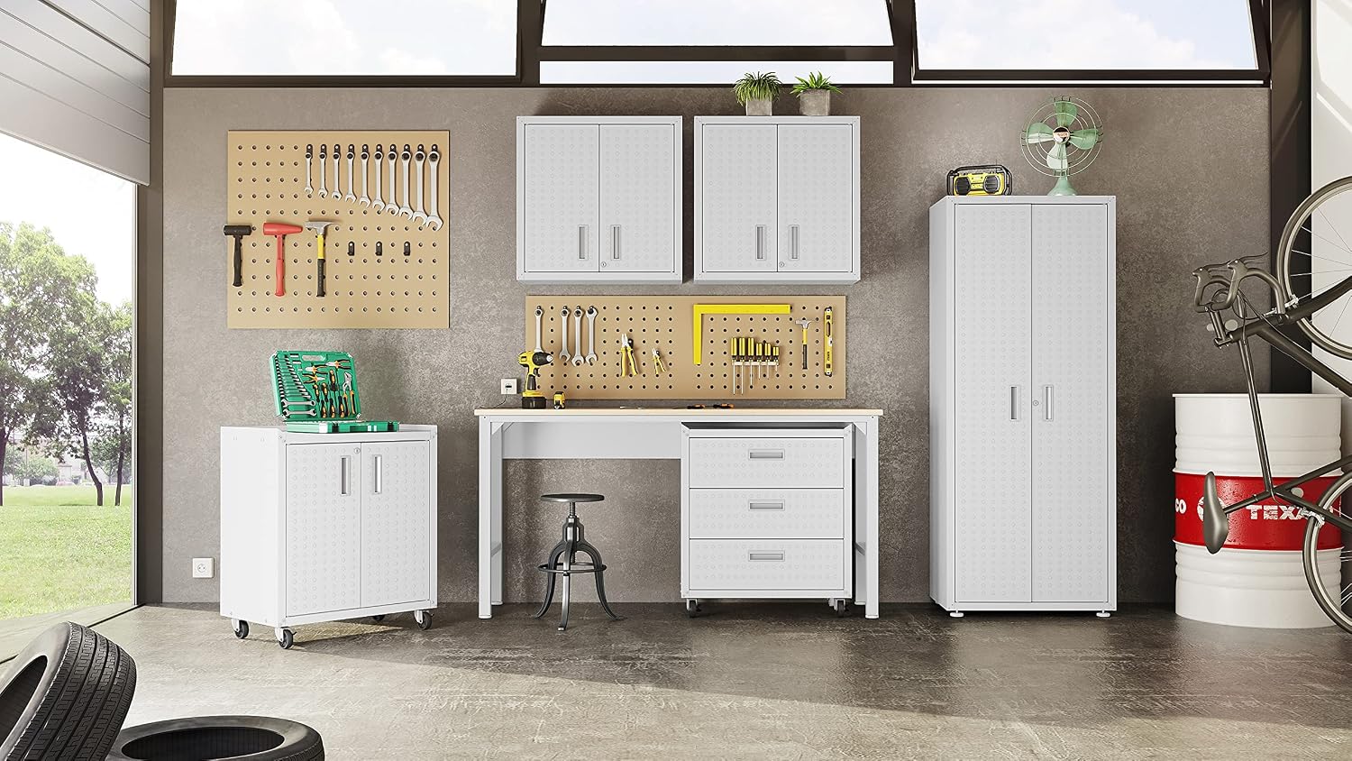 Manhattan Comfort Fortress 30' Floating Textured Metal Garage Cabinet with Adjustable Shelves, Set of 1, White