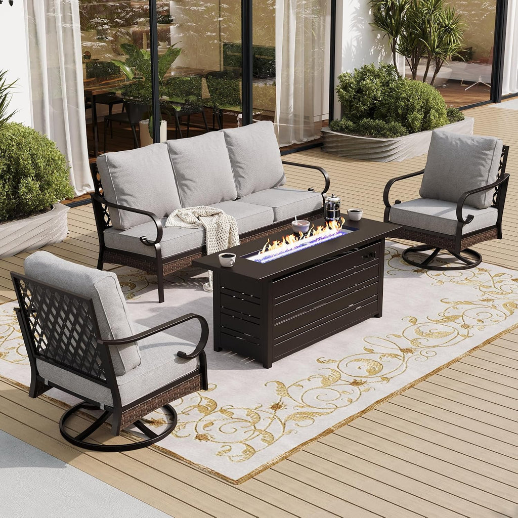 SUNSHINE VALLEY 4 Piece Black Metal Outdoor Patio Furniture Sets with Firepit Table, Patio Conversation Sets 1 3-Seater Sofa, 2 Swivel Sofa with 5.75' Cushion Backyard Furniture for Deck, Light Gray