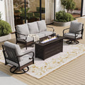 SUNSHINE VALLEY 4 Piece Black Metal Outdoor Patio Furniture Sets with Firepit Table, Patio Conversation Sets 1 3-Seater Sofa, 2 Swivel Sofa with 5.75' Cushion Backyard Furniture for Deck, Light Gray