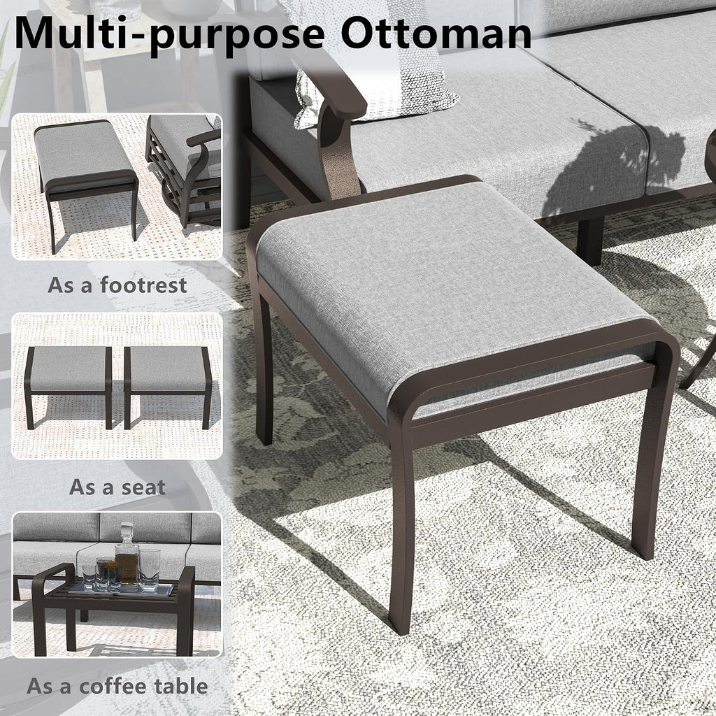 ALAULM Aluminum Patio Furniture Set with Propane Fire Pit Table 7-seat Metal Outdoor Furniture w/Swivel Chairs Patio Sectional Sofas w/2 Ottomans for Porch, Backyard, Poolside-Grey