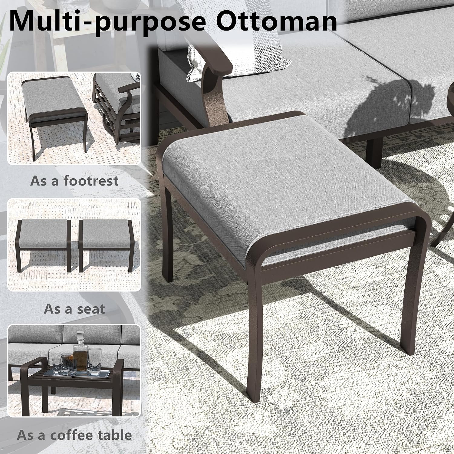 ALAULM Aluminum Patio Furniture Set with Propane Fire Pit Table 7-seat Metal Outdoor Furniture w/Swivel Chairs Patio Sectional Sofas w/2 Ottomans for Porch, Backyard, Poolside-Grey
