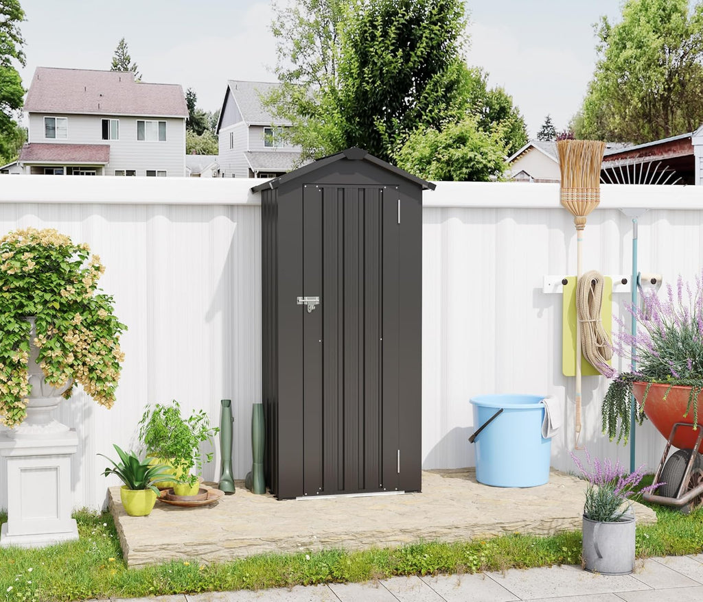 KEIKI Outdoor Metal Storage Shed 2.5' x 1.4', Lockable Tool Cabinet with Sloping Roof, Small Vertical Garden Storage for Backyard, Patio, Lawn, Black