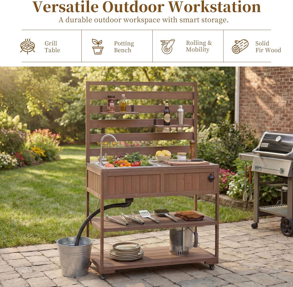 LUMISOL Outdoor Potting Bench Table with Sink and 2 Movable Shelves, Rolling Kitchen Cart with Stainless Table Top, 41.7'' Large Solid Wood Garden Workstation with 1 Bottle Opener, Brown