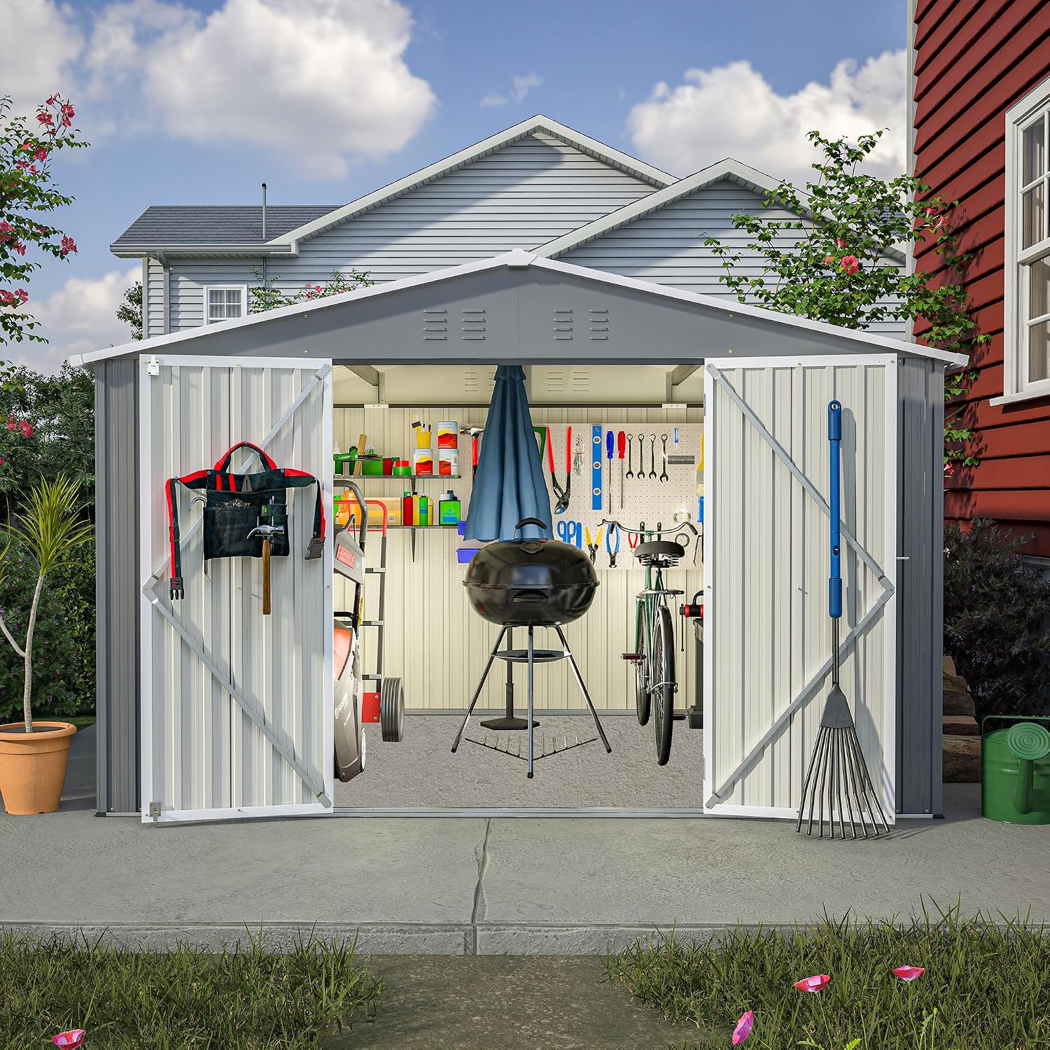 10x8 ft Outdoor Storage shed All Weather Metal Garden shed with Lockable Double Doors Tool Storage for Backyard Patio Lawn and Garden Organization Large Capacity (10x8 ft Grey)