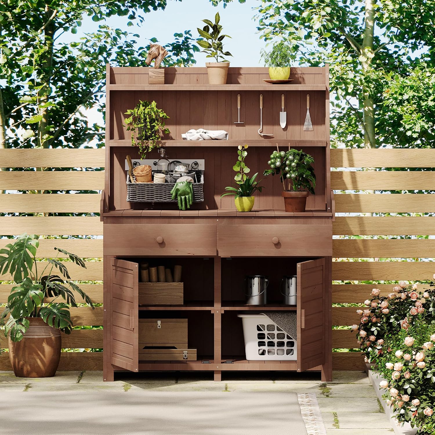 65inch Outdoor Potting Bench Table, Fir Wood Large Gardening Workstation with Storage Shelf, Drawer and Cabinet for Storage for Backyard, Mudroom (Brown/Fir Wood2)
