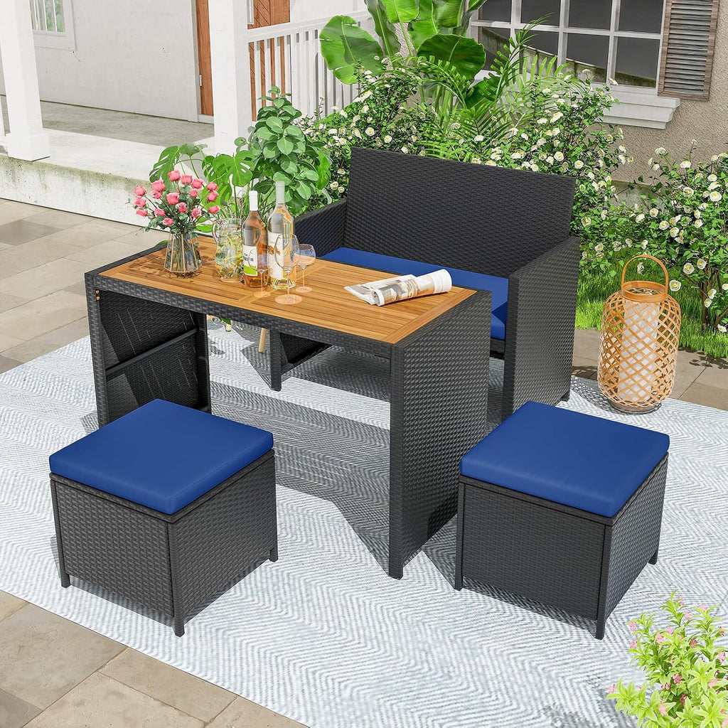 Tangkula 4 Pieces Patio Dining Set, Space Saving PE Rattan Loveseat with Acacia Wood Top Dining Table, Storage Ottomans & Soft Cushions, Outdoor Sectional Conversation Set (Navy Blue)