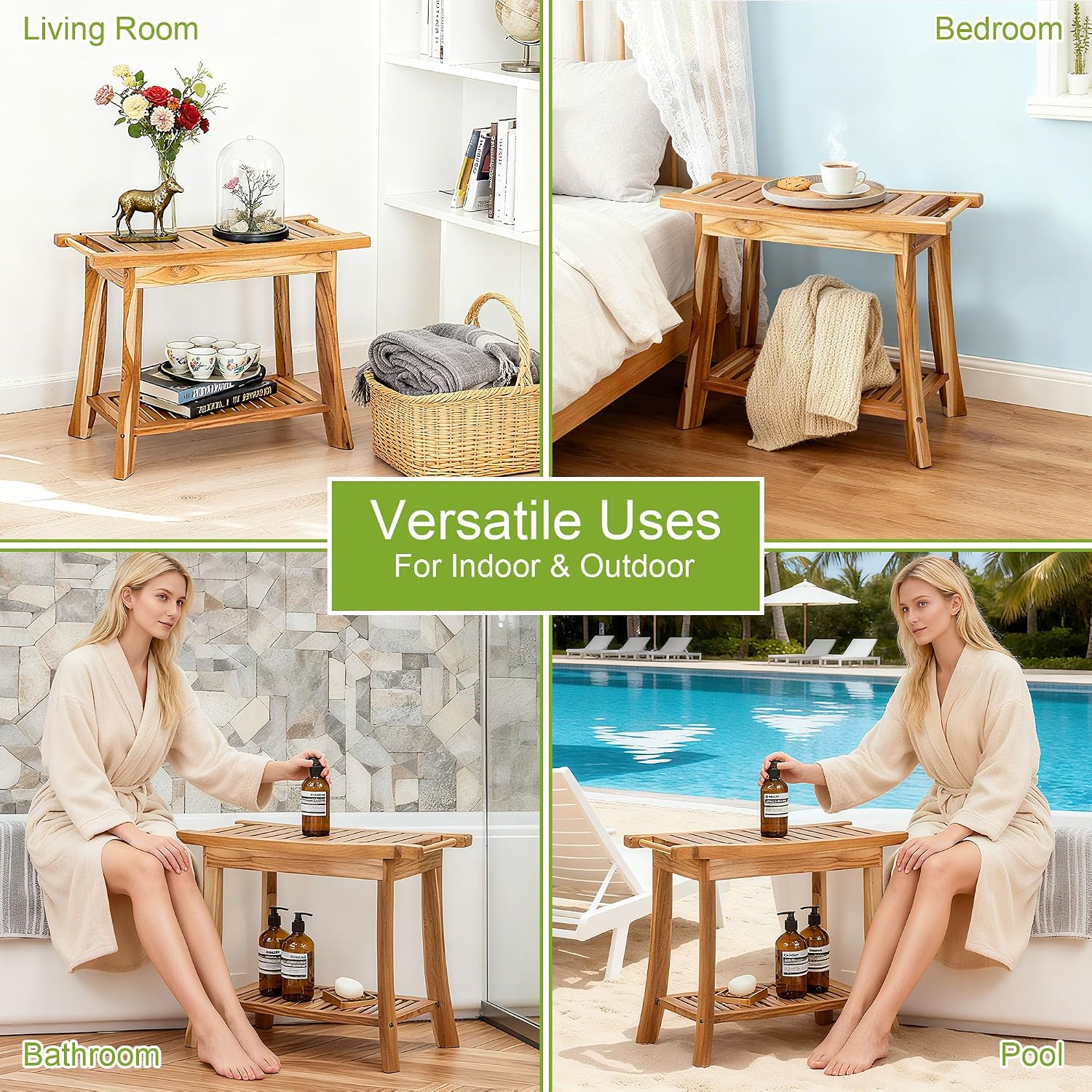 24' Solid Teak Shower Bench with Towel Bar & Storage Shelf - Waterproof Bath Stool with Fixed Non-Slip Feet, 300lbs Capacity