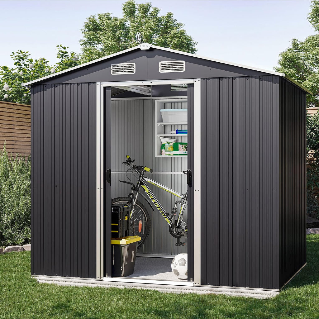 BELLEZE 8 x 6 FT Weatherproof Garden Storage Shed, Reinforced Outdoor Metal Shed with Air Vent and Lockable Door, Storage Shed for Store Bike, Tools, Lawnmower, Outdoor Chairs in Backyard, Patio