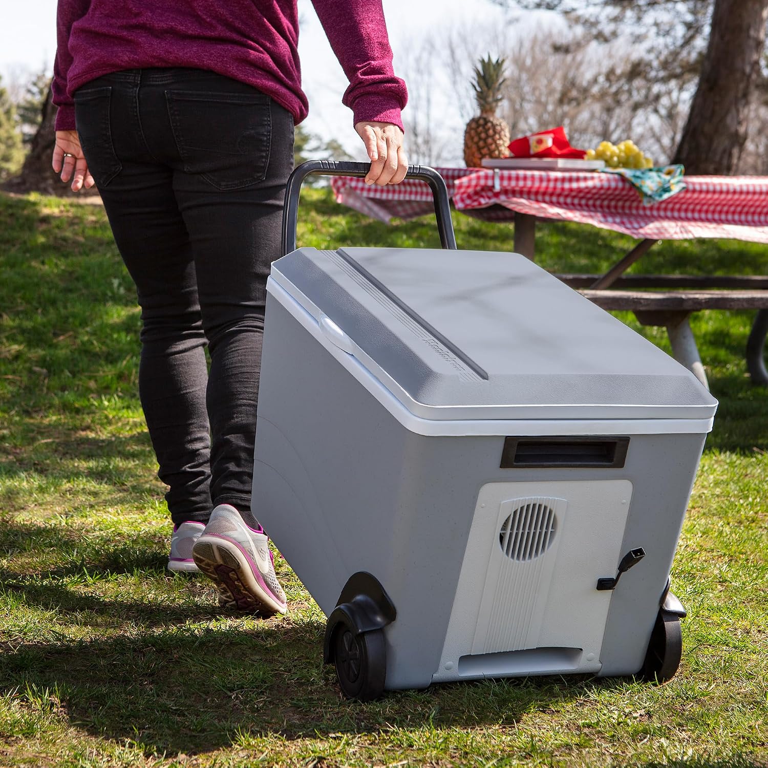 Koolatron Thermoelectric Iceless 12V Cooler/Warmer 36 qt (34 L) w/Wheels, Portable Electric Rolling Car Fridge w/ 12 Volt DC Power Cord, Gray/White, Travel Road Trips Camping, Made in North America