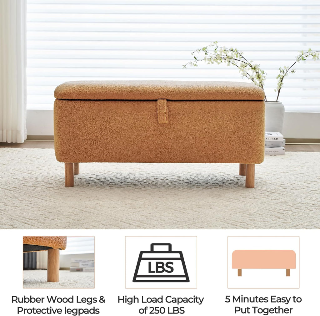 Storage Ottoman Bench for Bedroom End of Bed, Boucle Upholstered Padded Storage Bench for Entryway Bed Foot Entryway, Sherpa Rectangle Cushion Shoe Seat Blanket Chest Cute for Living Room, Orange