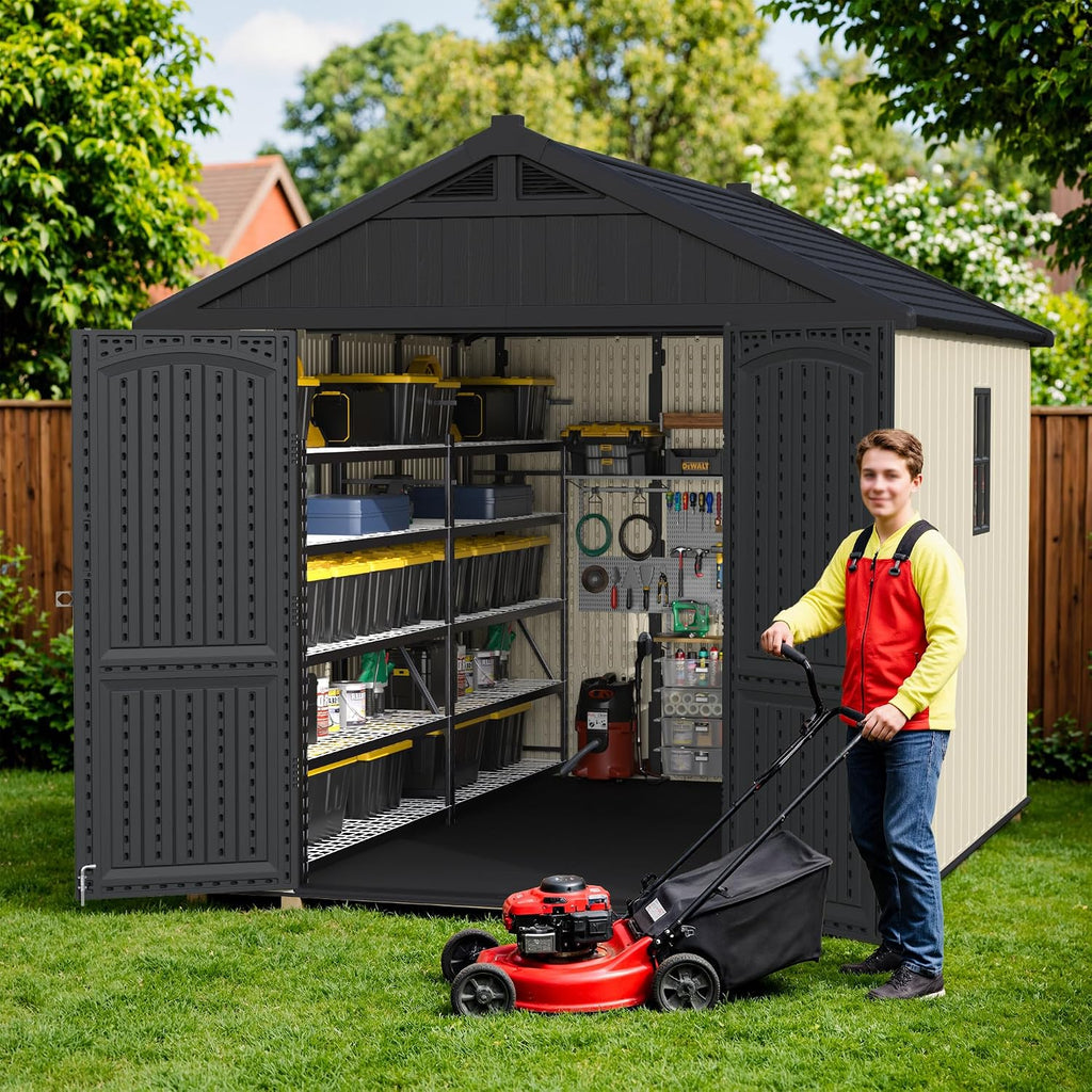 Greesum 8×10 FT Plastic Outdoor Storage Shed with Floor, Resin Sheds with Window and Lockable Door, Weather Resistant Organization for Garden, Lawn, Pool Supplies, Beige