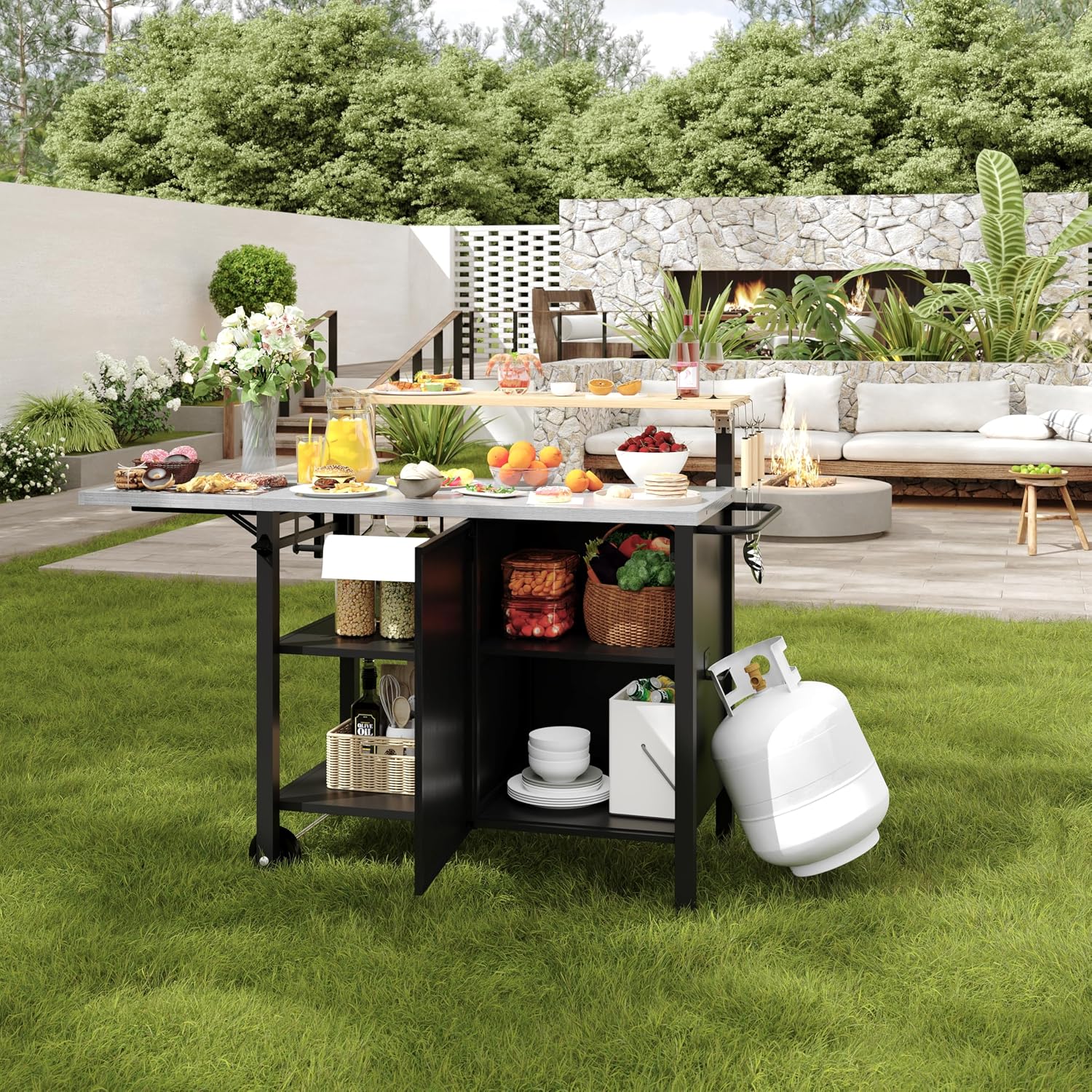 Sundale Outdoor Girll Cart with Stainless Steel Top & Storage Cabinet, Movable Multi Layer Food Pre Table with Side Shelf for Pizza Oven, BBQ, Outdoor Kitchen Island for Parties