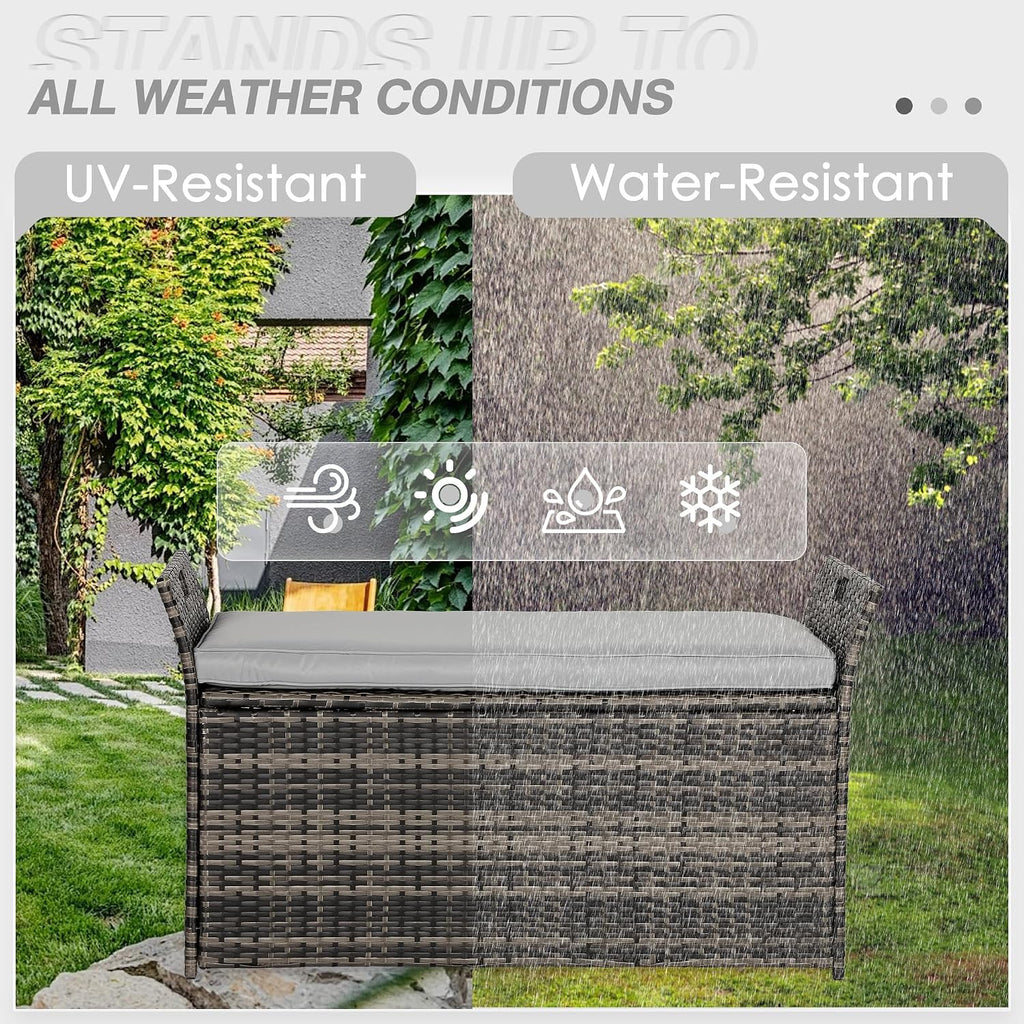 90 Gallon Patio Storage Bench, Outdoor Wicker Deck Box with Cushion, PE Rattan Box with Handles (Grey)