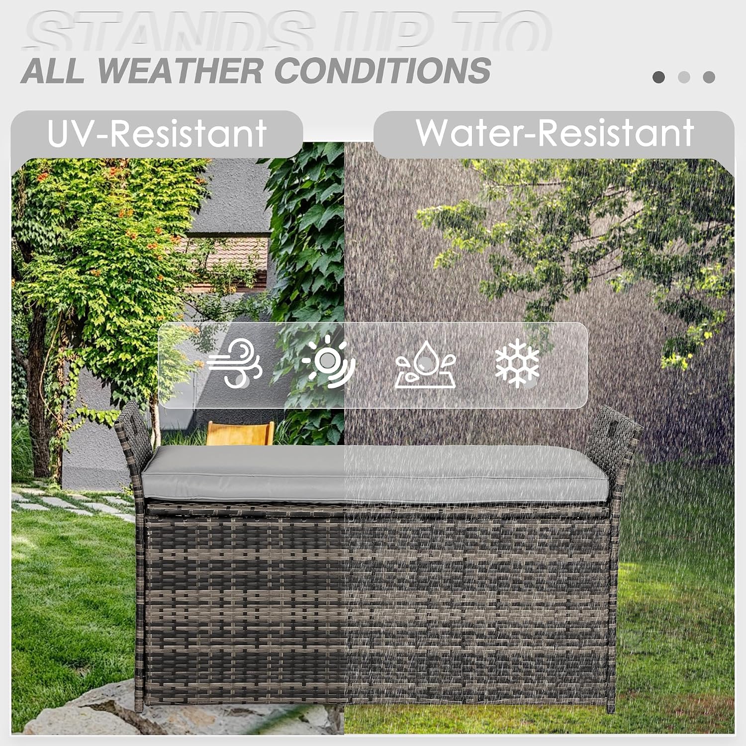90 Gallon Patio Storage Bench, Outdoor Wicker Deck Box with Cushion, PE Rattan Box with Handles (Grey)